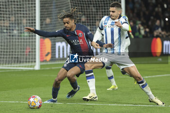 2024-02-14 - Bradley Barcola of PSG, Andre Silva of Real Sociedad during the UEFA Champions League, Round of 16 1st leg football match between Paris Saint-Germain (PSG) and Real Sociedad on February 14, 2024 at Parc des Princes stadium in Paris, France - FOOTBALL - CHAMPIONS LEAGUE - PARIS SG V REAL SOCIEDAD - UEFA CHAMPIONS LEAGUE - SOCCER