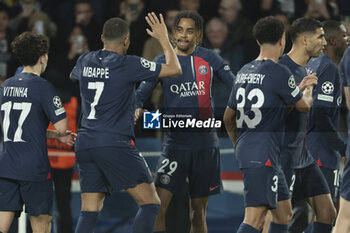 2024-02-14 - Bradley Barcola of PSG celebrates his goal with Kylian Mbappe during the UEFA Champions League, Round of 16 1st leg football match between Paris Saint-Germain (PSG) and Real Sociedad on February 14, 2024 at Parc des Princes stadium in Paris, France - FOOTBALL - CHAMPIONS LEAGUE - PARIS SG V REAL SOCIEDAD - UEFA CHAMPIONS LEAGUE - SOCCER