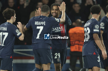 2024-02-14 - Bradley Barcola of PSG celebrates his goal with Kylian Mbappe during the UEFA Champions League, Round of 16 1st leg football match between Paris Saint-Germain (PSG) and Real Sociedad on February 14, 2024 at Parc des Princes stadium in Paris, France - FOOTBALL - CHAMPIONS LEAGUE - PARIS SG V REAL SOCIEDAD - UEFA CHAMPIONS LEAGUE - SOCCER