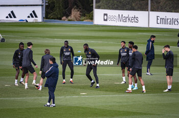 2024-03-05 - Antonio Rudiger of Real Madrid runs in the middle of his teammates during the training of the day before the second leg of the round of 16 football match of Champions League against RB Leipzig at Ciudad Real Madrid in Valdebebas, Madrid. - REAL MADRID VS RB LEIPZIG: REAL MADRID TRAINING AND PRESS CONFERENCE - UEFA CHAMPIONS LEAGUE - SOCCER