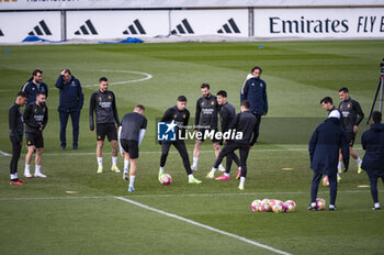 2024-03-05 - Federico Valverde of Real Madrid runs in the middle of his teammates during the training of the day before the second leg of the round of 16 football match of Champions League against RB Leipzig at Ciudad Real Madrid in Valdebebas, Madrid. - REAL MADRID VS RB LEIPZIG: REAL MADRID TRAINING AND PRESS CONFERENCE - UEFA CHAMPIONS LEAGUE - SOCCER