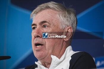 2024-03-05 - Carlo Ancelotti, coach of Real Madrid speaks during the press conference of the day before the second leg of the round of 16 football match of Champions League against RB Leipzig at Ciudad Real Madrid in Valdebebas, Madrid. - REAL MADRID VS RB LEIPZIG: REAL MADRID TRAINING AND PRESS CONFERENCE - UEFA CHAMPIONS LEAGUE - SOCCER
