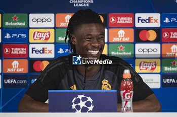 2024-03-05 - Eduardo Camavinga of Real Madrid smiles during the press conference of the day before the second leg of the round of 16 football match of Champions League against RB Leipzig at Ciudad Real Madrid in Valdebebas, Madrid. - REAL MADRID VS RB LEIPZIG: REAL MADRID TRAINING AND PRESS CONFERENCE - UEFA CHAMPIONS LEAGUE - SOCCER