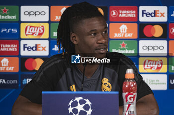 2024-03-05 - Eduardo Camavinga of Real Madrid speaks during the press conference of the day before the second leg of the round of 16 football match of Champions League against RB Leipzig at Ciudad Real Madrid in Valdebebas, Madrid. - REAL MADRID VS RB LEIPZIG: REAL MADRID TRAINING AND PRESS CONFERENCE - UEFA CHAMPIONS LEAGUE - SOCCER