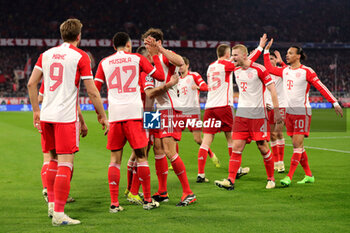 2024-03-05 - Harry Kane of Bayern Munich celebrates his goal 1-0 with teammates during the UEFA Champions League, Round of 16, 2nd leg football match between FC Bayern Munich and SS Lazio on March 5, 2024 at Allianz Arena in Munich, Germany - FOOTBALL - CHAMPIONS LEAGUE - BAYERN MUNICH V LAZIO - UEFA CHAMPIONS LEAGUE - SOCCER