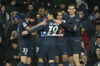 2024-03-05 - Kylian Mbappe of PSG celebrates his second goal with Lucas Beraldo, Ousmane Dembele, Lee Kang-in, Fabian Ruiz Pena of PSG during the UEFA Champions League, Round of 16, 2nd leg football match between Real Sociedad and Paris Saint-Germain (PSG) on March 5, 2024 at Reale Arena in San Sebastian, Spain - FOOTBALL - CHAMPIONS LEAGUE - REAL SOCIEDAD V PARIS SG - UEFA CHAMPIONS LEAGUE - SOCCER