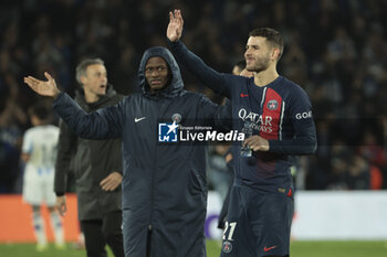 2024-03-05 - Nuno Mendes, Lucas Hernandez of PSG celebrate the victory following the UEFA Champions League, Round of 16, 2nd leg football match between Real Sociedad and Paris Saint-Germain (PSG) on March 5, 2024 at Reale Arena in San Sebastian, Spain - FOOTBALL - CHAMPIONS LEAGUE - REAL SOCIEDAD V PARIS SG - UEFA CHAMPIONS LEAGUE - SOCCER
