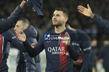 2024-03-05 - Lucas Hernandez of PSG celebrates the victory following the UEFA Champions League, Round of 16, 2nd leg football match between Real Sociedad and Paris Saint-Germain (PSG) on March 5, 2024 at Reale Arena in San Sebastian, Spain - FOOTBALL - CHAMPIONS LEAGUE - REAL SOCIEDAD V PARIS SG - UEFA CHAMPIONS LEAGUE - SOCCER