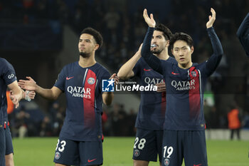2024-03-05 - Warren Zaire-Emery, Lee Kang-in of PSG celebrate the victory following the UEFA Champions League, Round of 16, 2nd leg football match between Real Sociedad and Paris Saint-Germain (PSG) on March 5, 2024 at Reale Arena in San Sebastian, Spain - FOOTBALL - CHAMPIONS LEAGUE - REAL SOCIEDAD V PARIS SG - UEFA CHAMPIONS LEAGUE - SOCCER
