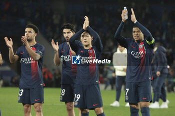 2024-03-05 - Warren Zaire-Emery, Carlos Soler, Lee Kang-in, Kylian Mbappe of PSG celebrate the victory following the UEFA Champions League, Round of 16, 2nd leg football match between Real Sociedad and Paris Saint-Germain (PSG) on March 5, 2024 at Reale Arena in San Sebastian, Spain - FOOTBALL - CHAMPIONS LEAGUE - REAL SOCIEDAD V PARIS SG - UEFA CHAMPIONS LEAGUE - SOCCER