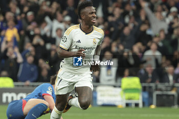2024-03-06 - Vinicius Jr of Real Madrid celebrates his goal during the UEFA Champions League, Round of 16, 2nd leg football match between Real Madrid and RB Leipzig on March 6, 2024 at Santiago Bernabeu stadium in Madrid, Spain - FOOTBALL - CHAMPIONS LEAGUE - REAL MADRID V RB LEIPZIG - UEFA CHAMPIONS LEAGUE - SOCCER
