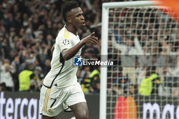 2024-03-06 - Vinicius Jr of Real Madrid celebrates his goal during the UEFA Champions League, Round of 16, 2nd leg football match between Real Madrid and RB Leipzig on March 6, 2024 at Santiago Bernabeu stadium in Madrid, Spain - FOOTBALL - CHAMPIONS LEAGUE - REAL MADRID V RB LEIPZIG - UEFA CHAMPIONS LEAGUE - SOCCER
