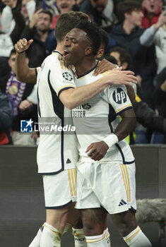 2024-03-06 - Vinicius Jr of Real Madrid celebrates his goal with teammates during the UEFA Champions League, Round of 16, 2nd leg football match between Real Madrid and RB Leipzig on March 6, 2024 at Santiago Bernabeu stadium in Madrid, Spain - FOOTBALL - CHAMPIONS LEAGUE - REAL MADRID V RB LEIPZIG - UEFA CHAMPIONS LEAGUE - SOCCER