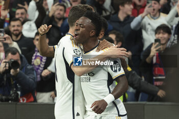 2024-03-06 - Vinicius Jr of Real Madrid celebrates his goal with teammates during the UEFA Champions League, Round of 16, 2nd leg football match between Real Madrid and RB Leipzig on March 6, 2024 at Santiago Bernabeu stadium in Madrid, Spain - FOOTBALL - CHAMPIONS LEAGUE - REAL MADRID V RB LEIPZIG - UEFA CHAMPIONS LEAGUE - SOCCER