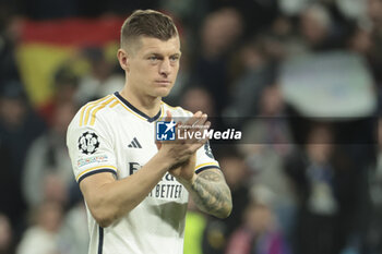 2024-03-06 - Toni Kroos of Real Madrid salutes the supporters following the UEFA Champions League, Round of 16, 2nd leg football match between Real Madrid and RB Leipzig on March 6, 2024 at Santiago Bernabeu stadium in Madrid, Spain - FOOTBALL - CHAMPIONS LEAGUE - REAL MADRID V RB LEIPZIG - UEFA CHAMPIONS LEAGUE - SOCCER