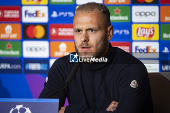 2024-03-12 - Federico Dimarco of FC Internazionale seen speaking during the Training Session And Press Conference a day before the Champions League football match between Atletico Madrid and FC Internazionale at Metropolitano Stadium in Madrid, Spain. - ATLETICO MADRID VS FC INTERNAZIONALE: FC INTERNAZIONALE TRAINING AND PRESS CONFERENCE - UEFA CHAMPIONS LEAGUE - SOCCER