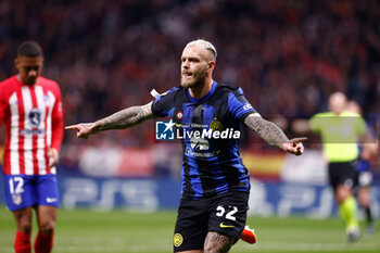 2024-03-13 - Federico Dimarco of Inter celebrates his goal 0-1 during the UEFA Champions League, Round of 16, 2nd leg football match between Atletico de Madrid and FC Internazionale on March 13, 2024 at Civitas Metropolitano stadium in Madrid, Spain - FOOTBALL - CHAMPIONS LEAGUE - ATLETICO MADRID V INTERNAZIONALE - UEFA CHAMPIONS LEAGUE - SOCCER