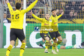 2024-03-13 - Jadon Sancho of Borussia Dortmund celebrates his goal 1-0 during the UEFA Champions League, Round of 16, 2nd leg football match between Borussia Dortmund and PSV Eindhoven on March 13, 2024 at Signal Iduna Park in Dortmund, Germany - FOOTBALL - CHAMPIONS LEAGUE - DORTMUND V PSV - UEFA CHAMPIONS LEAGUE - SOCCER