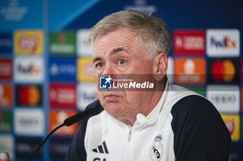 2024-04-08 - Carlo Ancelotti, coach of Real Madrid seen speaking during the press conference of Real Madrid the day before the quarter-final first leg football match of Champions League against Manchester City at Ciudad Real Madrid in Valdebebas, Madrid. - REAL MADRID VS MANCHESTER CITY: REAL MADRID TRAINING AND PRESS CONFERENCE - UEFA CHAMPIONS LEAGUE - SOCCER