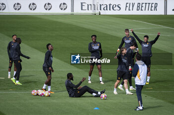 2024-04-08 - Real Madrid players (from L ro R) Vinicius Junior, Antonio Rudiger, Aurelien Tchouameni, Luka Modric, Jude Bellingham during the training of Real Madrid the day before the quarter-final first leg football match of Champions League against Manchester City at Ciudad Real Madrid in Valdebebas, Madrid. - REAL MADRID VS MANCHESTER CITY: REAL MADRID TRAINING AND PRESS CONFERENCE - UEFA CHAMPIONS LEAGUE - SOCCER