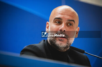2024-04-08 - Pep Guardiola, coach of Manchester City, seen speaking during the press conference a day before the quarter-final first leg football match of Champions League against Real Madrid at Santiago Bernabeu stadium in Madrid. - REAL MADRID VS MANCHESTER CITY: MANCHESTER CITY PRESS CONFERENCE - UEFA CHAMPIONS LEAGUE - SOCCER