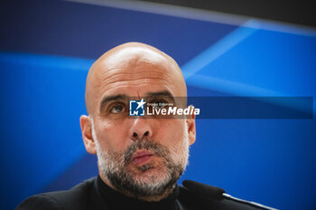2024-04-08 - Pep Guardiola, coach of Manchester City, seen speaking during the press conference a day before the quarter-final first leg football match of Champions League against Real Madrid at Santiago Bernabeu stadium in Madrid. - REAL MADRID VS MANCHESTER CITY: MANCHESTER CITY PRESS CONFERENCE - UEFA CHAMPIONS LEAGUE - SOCCER