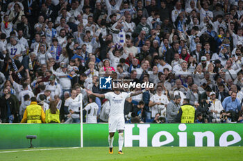 2024-04-09 - Vinicius Junior of Real Madrid celebrates a goal during the UEFA Champions League quarter-final first leg match between Real Madrid CF and Manchester City at Estadio Santiago Bernabeu on April 9, 2024 in Madrid, Spain. - REAL MADRID VS MANCHESTER CITY - UEFA CHAMPIONS LEAGUE - SOCCER