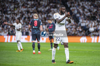 2024-04-09 - Antonio Rudiger of Real Madrid during the UEFA Champions League quarter-final first leg match between Real Madrid CF and Manchester City at Estadio Santiago Bernabeu on April 9, 2024 in Madrid, Spain. - REAL MADRID VS MANCHESTER CITY - UEFA CHAMPIONS LEAGUE - SOCCER