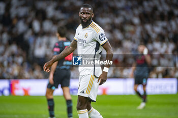 2024-04-09 - Antonio Rudiger of Real Madrid during the UEFA Champions League quarter-final first leg match between Real Madrid CF and Manchester City at Estadio Santiago Bernabeu on April 9, 2024 in Madrid, Spain. - REAL MADRID VS MANCHESTER CITY - UEFA CHAMPIONS LEAGUE - SOCCER