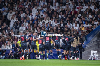 2024-04-09 - Manchester City players celebrates a goal during the UEFA Champions League quarter-final first leg match between Real Madrid CF and Manchester City at Estadio Santiago Bernabeu on April 9, 2024 in Madrid, Spain. - REAL MADRID VS MANCHESTER CITY - UEFA CHAMPIONS LEAGUE - SOCCER