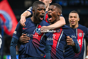 2024-04-10 - Ousmane DEMBELE of PSG celebrate his goal with Nuno MENDES of PSG and Kylian MBAPPE of PSG during the UEFA Champions League, Quarter-finals, 1st leg football match between Paris Saint-Germain and FC Barcelona on April 10, 2024 at Parc des Princes stadium in Paris, France - FOOTBALL - CHAMPIONS LEAGUE - PARIS SG V FC BARCELONA - UEFA CHAMPIONS LEAGUE - SOCCER