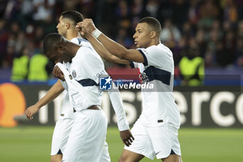 2024-04-16 - Kylian Mbappe of PSG celebrates his first goal during the UEFA Champions League, Quarter-finals, 2nd leg football match between FC Barcelona and Paris Saint-Germain (PSG) on April 16, 2024 at Estadi Olímpic Lluís Companys in Barcelona, Spain - FOOTBALL - CHAMPIONS LEAGUE - FC BARCELONA V PARIS SG - UEFA CHAMPIONS LEAGUE - SOCCER