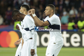 2024-04-16 - Kylian Mbappe of PSG celebrates his first goal during the UEFA Champions League, Quarter-finals, 2nd leg football match between FC Barcelona and Paris Saint-Germain (PSG) on April 16, 2024 at Estadi Olímpic Lluís Companys in Barcelona, Spain - FOOTBALL - CHAMPIONS LEAGUE - FC BARCELONA V PARIS SG - UEFA CHAMPIONS LEAGUE - SOCCER
