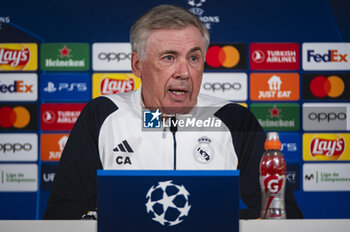2024-05-07 - MADRID, SPAIN - MAY 7: Carlo Ancelotti, coach of Real Madrid, speaks during Real Madrid Training Session and Press Conference ahead of their UEFA Champions League semi-final second leg match against FC Bayern Munchen at Ciudad Real Madrid on May 7, 2024 in Valdebebas, Spain. - REAL MADRID VS BAYERN MUNICH: REAL MADRID PRESS CONFERENCE AND TRAINING SESSION - UEFA CHAMPIONS LEAGUE - SOCCER