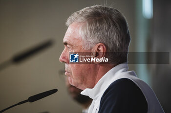 2024-05-07 - MADRID, SPAIN - MAY 7: Carlo Ancelotti, coach of Real Madrid, speaks during Real Madrid Training Session and Press Conference ahead of their UEFA Champions League semi-final second leg match against FC Bayern Munchen at Ciudad Real Madrid on May 7, 2024 in Valdebebas, Spain. - REAL MADRID VS BAYERN MUNICH: REAL MADRID PRESS CONFERENCE AND TRAINING SESSION - UEFA CHAMPIONS LEAGUE - SOCCER