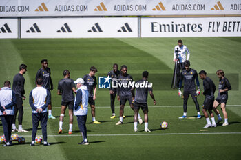 2024-05-07 - MADRID, SPAIN - MAY 7: Real Madrid players (from L to R) Aurelien Tchouameni, Brahim Diaz, Ferland Mendy, Eduardo Camavinga, Luka Modric warms up during Real Madrid Training Session and Press Conference ahead of their UEFA Champions League semi-final second leg match against FC Bayern Munchen at Ciudad Real Madrid on May 7, 2024 in Valdebebas, Spain. - REAL MADRID VS BAYERN MUNICH: REAL MADRID PRESS CONFERENCE AND TRAINING SESSION - UEFA CHAMPIONS LEAGUE - SOCCER