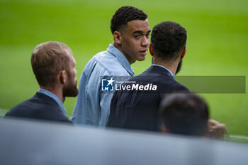 2024-05-07 - MADRID, SPAIN - MAY 7: Jamal Musitala of FC Bayern Munchen (C) seen during the Bayern Munchen Pitch Walk and Press Conference ahead of their UEFA Champions League semi-final second leg match against Real Madrid at Estadio Santiago Bernabeu on May 7, 2024 in Madrid, Spain. - REAL MADRID VS BAYERN MUNICH: BAYERN MUNICH PRESS CONFERENCE AND PITCH WALKING - UEFA CHAMPIONS LEAGUE - SOCCER