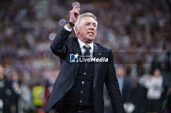 08/05/2024 - MADRID, SPAIN - MAY 8: Carlo Ancelotti, coach of Real Madrid, seen celebrating the victory at the end of the UEFA Champions League semi-final second leg match between Real Madrid and FC Bayern Munchen at Estadio Santiago Bernabeu on May 8, 2024 in Madrid, Spain. - REAL MADRID VS BAYERN MUNICH - UEFA CHAMPIONS LEAGUE - CALCIO