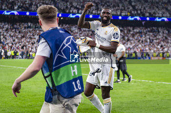 2024-05-08 - MADRID, SPAIN - MAY 8: Antonio Rudiger of Real Madrid seen celebrating the victory at the end of the UEFA Champions League semi-final second leg match between Real Madrid and FC Bayern Munchen at Estadio Santiago Bernabeu on May 8, 2024 in Madrid, Spain. - REAL MADRID VS BAYERN MUNICH - UEFA CHAMPIONS LEAGUE - SOCCER