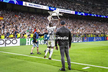 2024-05-08 - MADRID, SPAIN - MAY 8: Antonio Rudiger of Real Madrid seen celebrating the victory at the end of the UEFA Champions League semi-final second leg match between Real Madrid and FC Bayern Munchen at Estadio Santiago Bernabeu on May 8, 2024 in Madrid, Spain. - REAL MADRID VS BAYERN MUNICH - UEFA CHAMPIONS LEAGUE - SOCCER