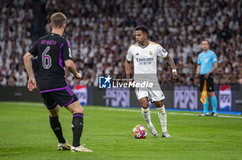2024-05-08 - MADRID, SPAIN - MAY 8: Rodrygo Silva de Goes of Real Madrid seen in action with the ball during the UEFA Champions League semi-final second leg match between Real Madrid and FC Bayern Munchen at Estadio Santiago Bernabeu on May 8, 2024 in Madrid, Spain. - REAL MADRID VS BAYERN MUNICH - UEFA CHAMPIONS LEAGUE - SOCCER