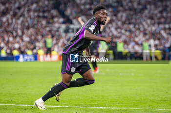 2024-05-08 - MADRID, SPAIN - MAY 8: Alphonso Davies of FC Bayern Munchen seen celebrating his goal during the UEFA Champions League semi-final second leg match between Real Madrid and FC Bayern Munchen at Estadio Santiago Bernabeu on May 8, 2024 in Madrid, Spain. - REAL MADRID VS BAYERN MUNICH - UEFA CHAMPIONS LEAGUE - SOCCER
