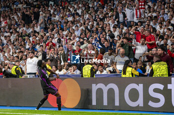08/05/2024 - MADRID, SPAIN - MAY 8: Alphonso Davies of FC Bayern Munchen seen celebrating his goal during the UEFA Champions League semi-final second leg match between Real Madrid and FC Bayern Munchen at Estadio Santiago Bernabeu on May 8, 2024 in Madrid, Spain. - REAL MADRID VS BAYERN MUNICH - UEFA CHAMPIONS LEAGUE - CALCIO