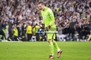 08/05/2024 - MADRID, SPAIN - MAY 8: Andriy Lunin of Real Madrid seen celebrating a goal during the UEFA Champions League semi-final second leg match between Real Madrid and FC Bayern Munchen at Estadio Santiago Bernabeu on May 8, 2024 in Madrid, Spain. - REAL MADRID VS BAYERN MUNICH - UEFA CHAMPIONS LEAGUE - CALCIO