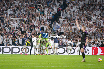 2024-05-08 - MADRID, SPAIN - MAY 8: Real Madrid players seen celebrating a goal during the UEFA Champions League semi-final second leg match between Real Madrid and FC Bayern Munchen at Estadio Santiago Bernabeu on May 8, 2024 in Madrid, Spain. - REAL MADRID VS BAYERN MUNICH - UEFA CHAMPIONS LEAGUE - SOCCER