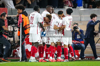 2024-09-19 - Maghnes AKLIOUCHE of Monaco celebrate his goal with teammates during the UEFA Champions League, League Phase MD1 football match between AS Monaco and FC Barcelona on September 19, 2024 at Louis II stadium in Monaco, Monaco - FOOTBALL - CHAMPIONS LEAGUE - MONACO V FC BARCELONA - UEFA CHAMPIONS LEAGUE - SOCCER