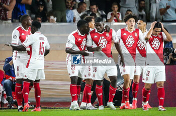 2024-09-19 - Maghnes AKLIOUCHE of Monaco celebrate his goal with teammates during the UEFA Champions League, League Phase MD1 football match between AS Monaco and FC Barcelona on September 19, 2024 at Louis II stadium in Monaco, Monaco - FOOTBALL - CHAMPIONS LEAGUE - MONACO V FC BARCELONA - UEFA CHAMPIONS LEAGUE - SOCCER