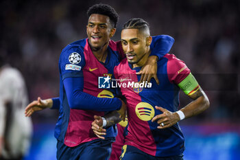 2024-10-23 - Raphael DIAS BELLOLI (Raphinha) of Barcelona celebrate his goal with Alejandro BALDE of Barcelona during the UEFA Champions League, League Phase MD3 football match between FC Barcelona and Bayern Munich on 23 October 2024 at Estadi Olimpic Lluis Companys in Barcelona, Spain - FOOTBALL - CHAMPIONS LEAGUE - FC BARCELONA V BAYERN MUNICH - UEFA CHAMPIONS LEAGUE - SOCCER