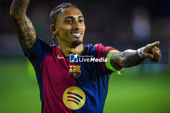 2024-10-23 - Raphael DIAS BELLOLI (Raphinha) of Barcelona celebrates his goal during the UEFA Champions League, League Phase MD3 football match between FC Barcelona and Bayern Munich on 23 October 2024 at Estadi Olimpic Lluis Companys in Barcelona, Spain - FOOTBALL - CHAMPIONS LEAGUE - FC BARCELONA V BAYERN MUNICH - UEFA CHAMPIONS LEAGUE - SOCCER