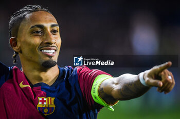 2024-10-23 - Raphael DIAS BELLOLI (Raphinha) of Barcelona celebrates his goal during the UEFA Champions League, League Phase MD3 football match between FC Barcelona and Bayern Munich on 23 October 2024 at Estadi Olimpic Lluis Companys in Barcelona, Spain - FOOTBALL - CHAMPIONS LEAGUE - FC BARCELONA V BAYERN MUNICH - UEFA CHAMPIONS LEAGUE - SOCCER